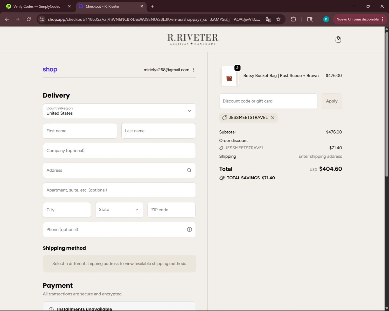 R. Riveter discount code screenshot showing code JESSMEETSTRAVEL applied at R. Riveter checkout page. Uploaded by SimplyCodes community member VoucherSleuth3236 on Dec 13, 2025