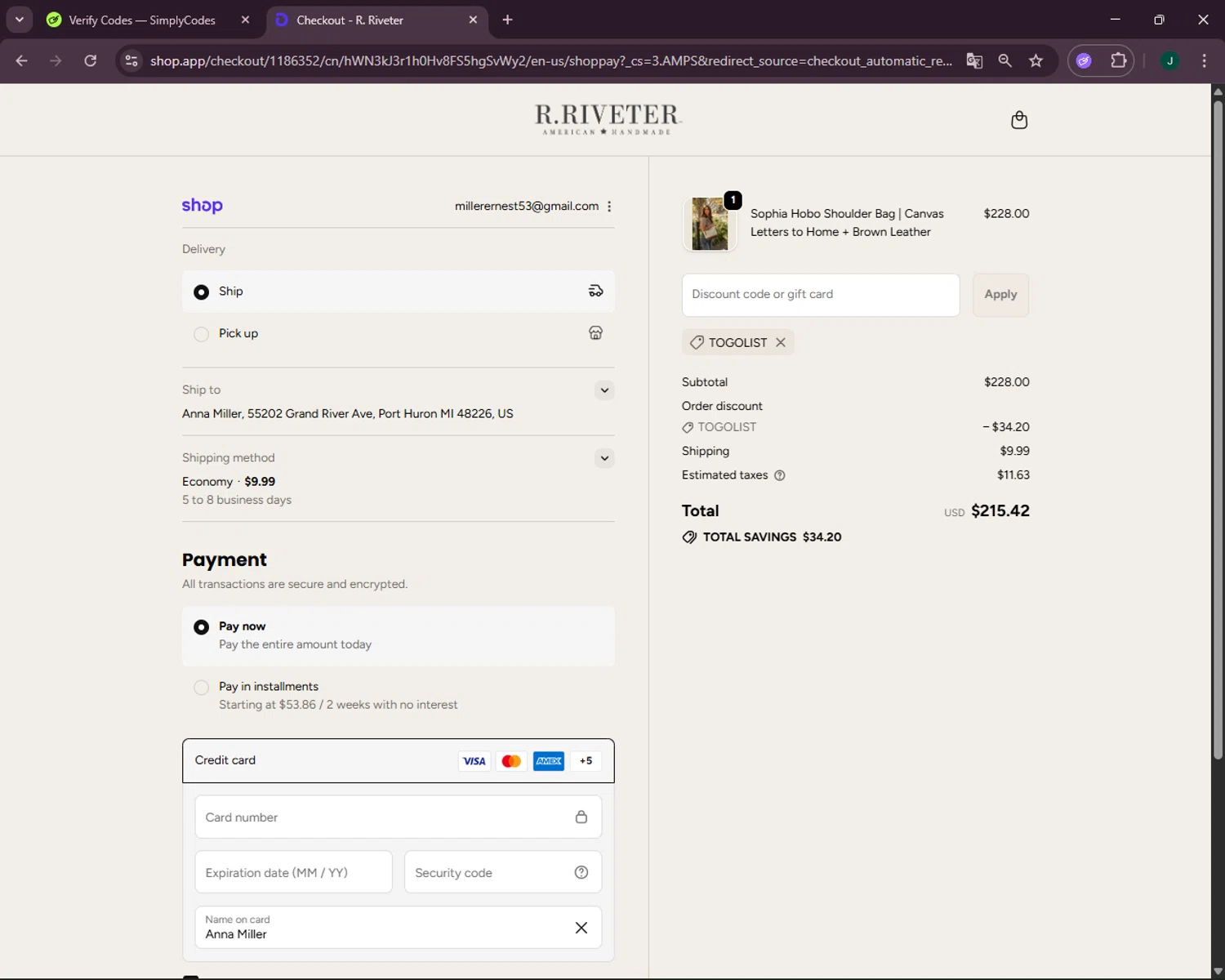 R. Riveter discount code screenshot showing code TOGOLIST applied at R. Riveter checkout page. Uploaded by SimplyCodes community member VictoriousOwl2774 on Oct 5, 2025