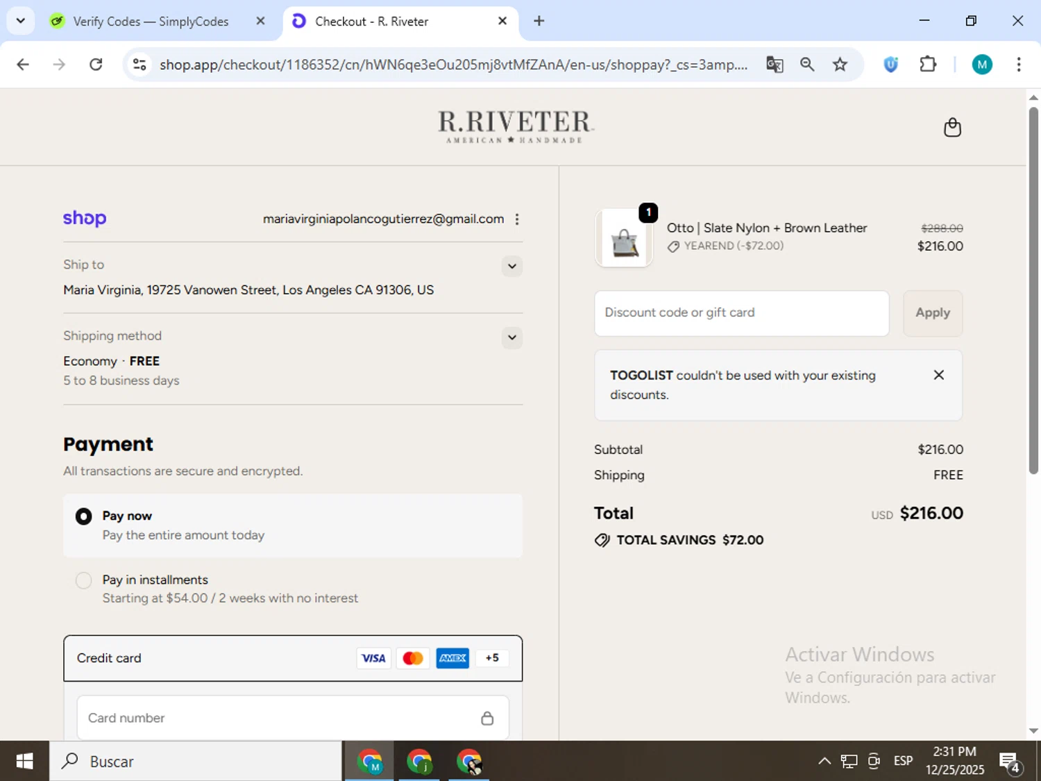 R. Riveter discount code screenshot showing code TOGOLIST applied at R. Riveter checkout page. Uploaded by SimplyCodes community member estrellaveloz on Dec 25, 2025