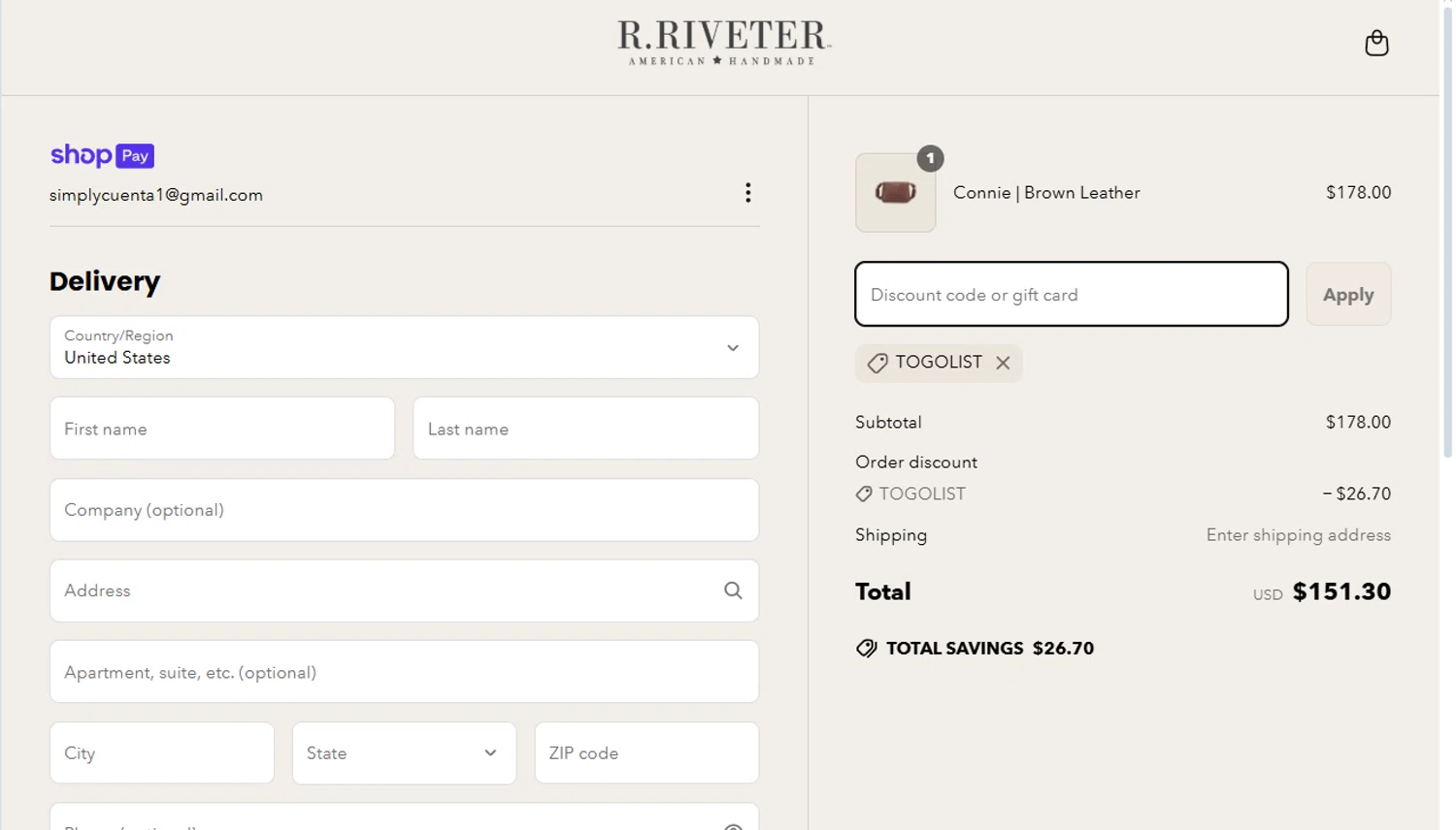 R. Riveter discount code screenshot showing code TOGOLIST applied at R. Riveter checkout page. Uploaded by SimplyCodes community member shrek1 on Mar 24, 2025