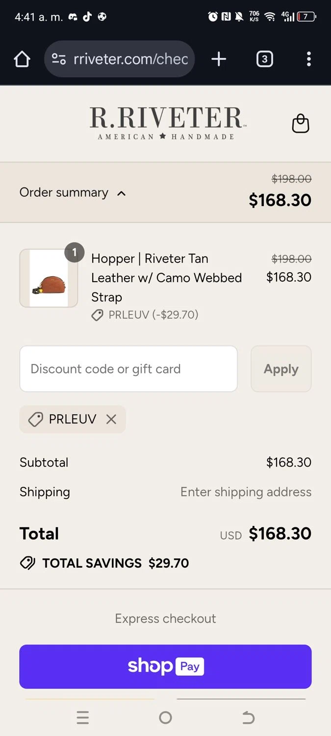 R. Riveter discount code screenshot showing code PRLEUV applied at R. Riveter checkout page. Uploaded by SimplyCodes community member kikimbappe on Aug 17, 2025