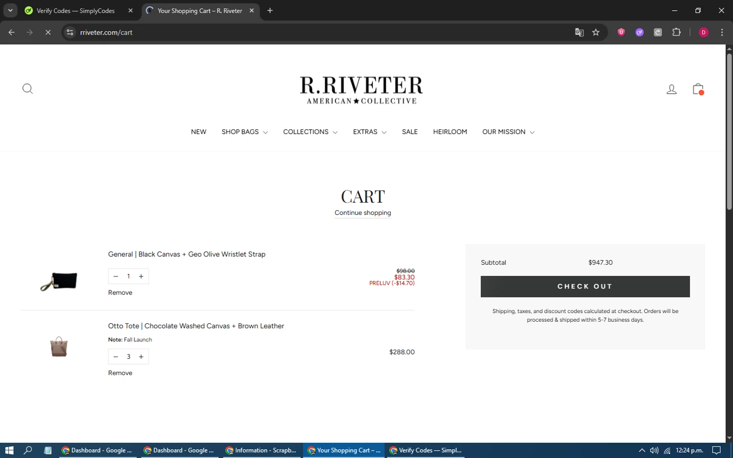 R. Riveter discount code screenshot showing code PRELUV applied at R. Riveter checkout page. Uploaded by SimplyCodes community member CleverScholar1217 on Oct 20, 2025