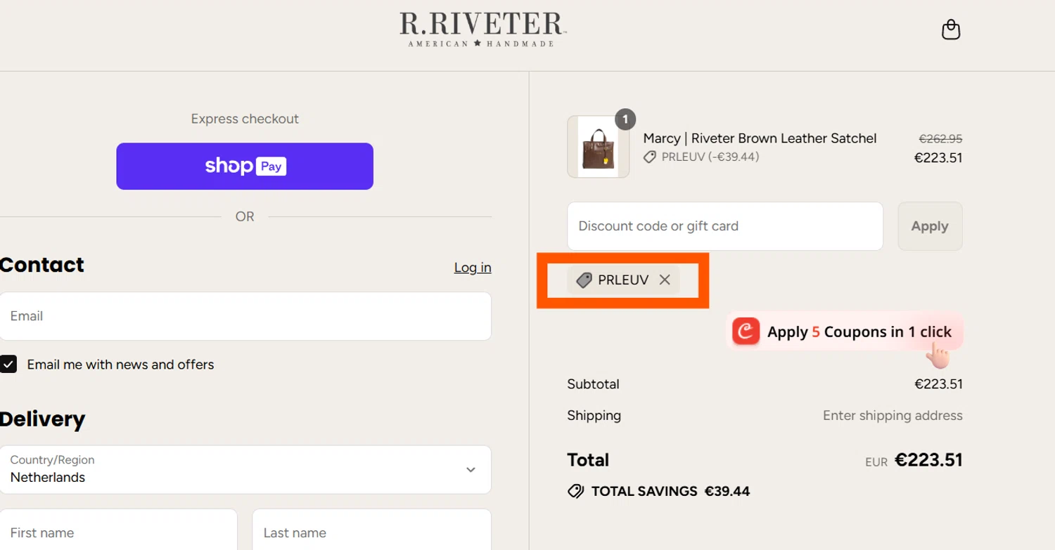 R. Riveter discount code screenshot showing code PRLEUV applied at R. Riveter checkout page. Uploaded by SimplyCodes community member CleverSentinel4477 on Aug 17, 2025