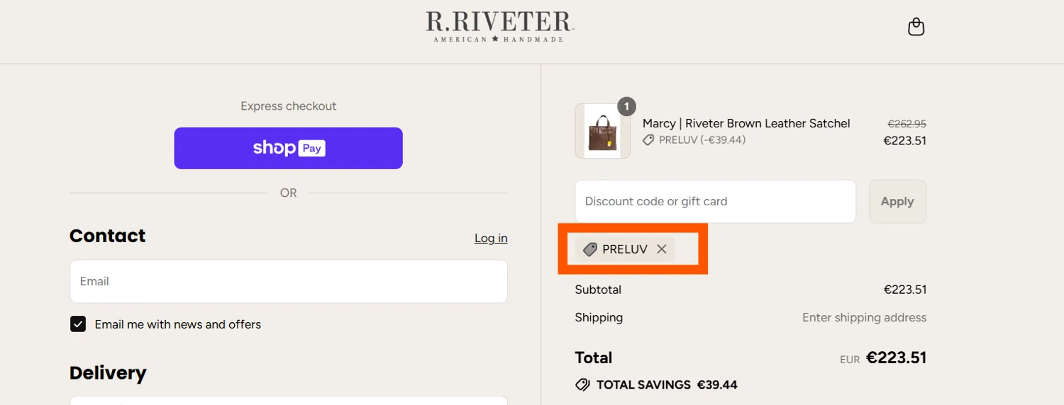 R. Riveter discount code screenshot showing code PRELUV applied at R. Riveter checkout page. Uploaded by SimplyCodes community member CleverSentinel4477 on Aug 23, 2025
