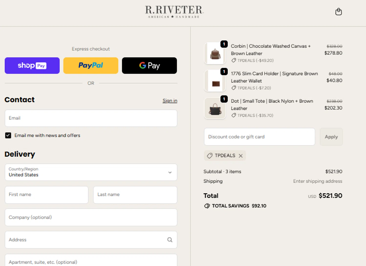R. Riveter discount code screenshot showing code TPDEALS applied at R. Riveter checkout page. Uploaded by SimplyCodes community member SimplyCVerlie on Jan 10, 2026