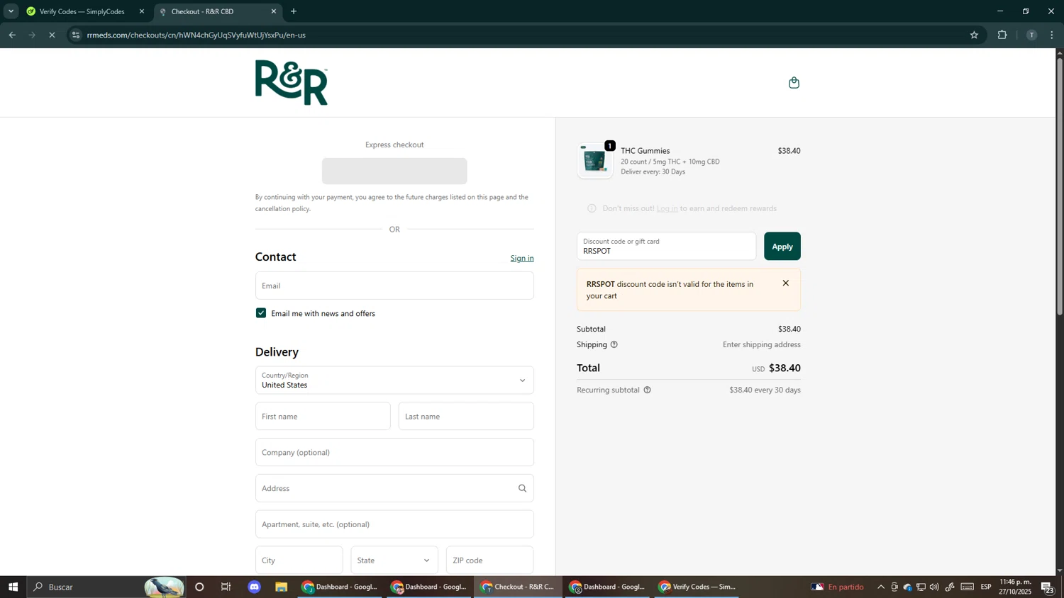 R+R Medicinals coupon code screenshot showing code RRSPOT applied at R+R Medicinals checkout page. Uploaded by SimplyCodes community member Makemusic on Oct 28, 2025