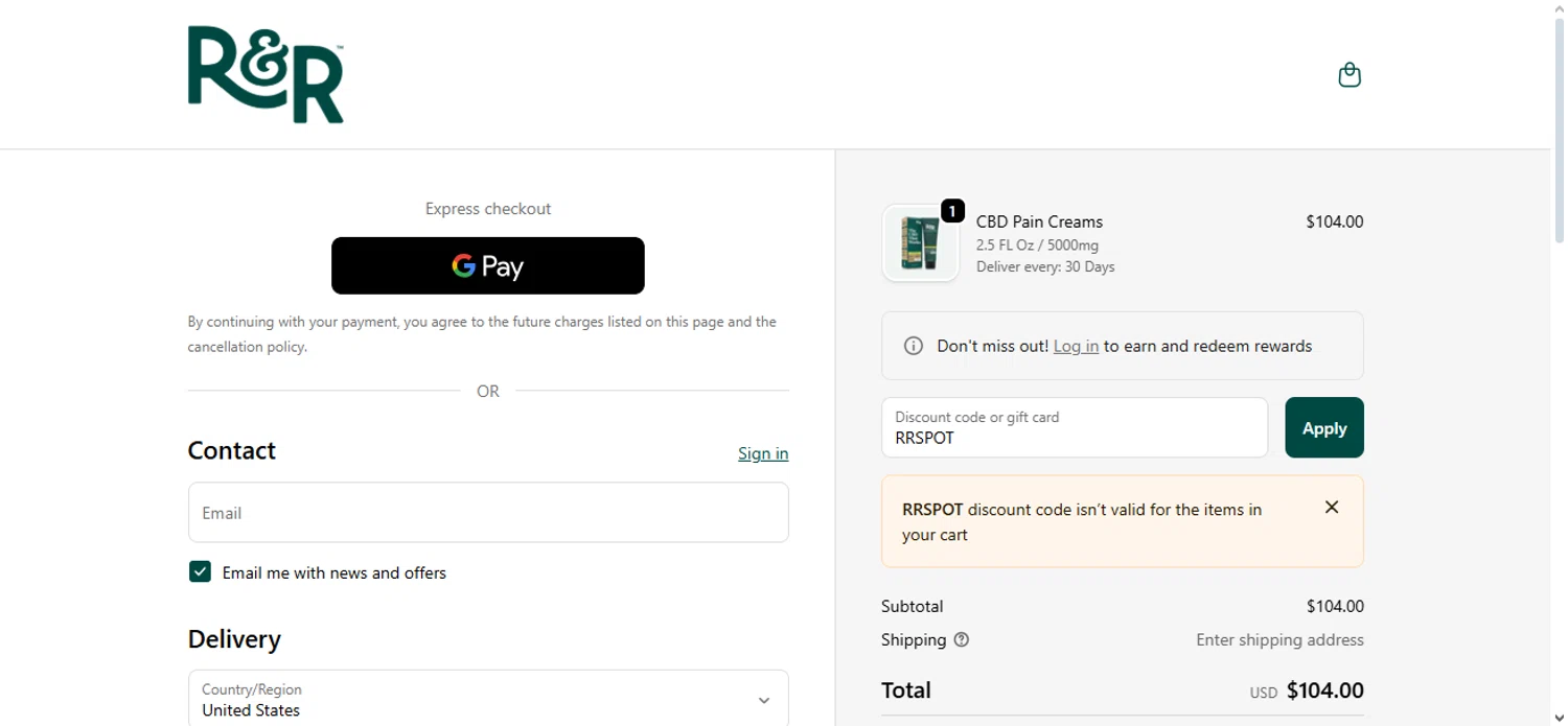 R+R Medicinals coupon code screenshot showing code RRSPOT applied at R+R Medicinals checkout page. Uploaded by SimplyCodes community member Nubelinda on Oct 7, 2025