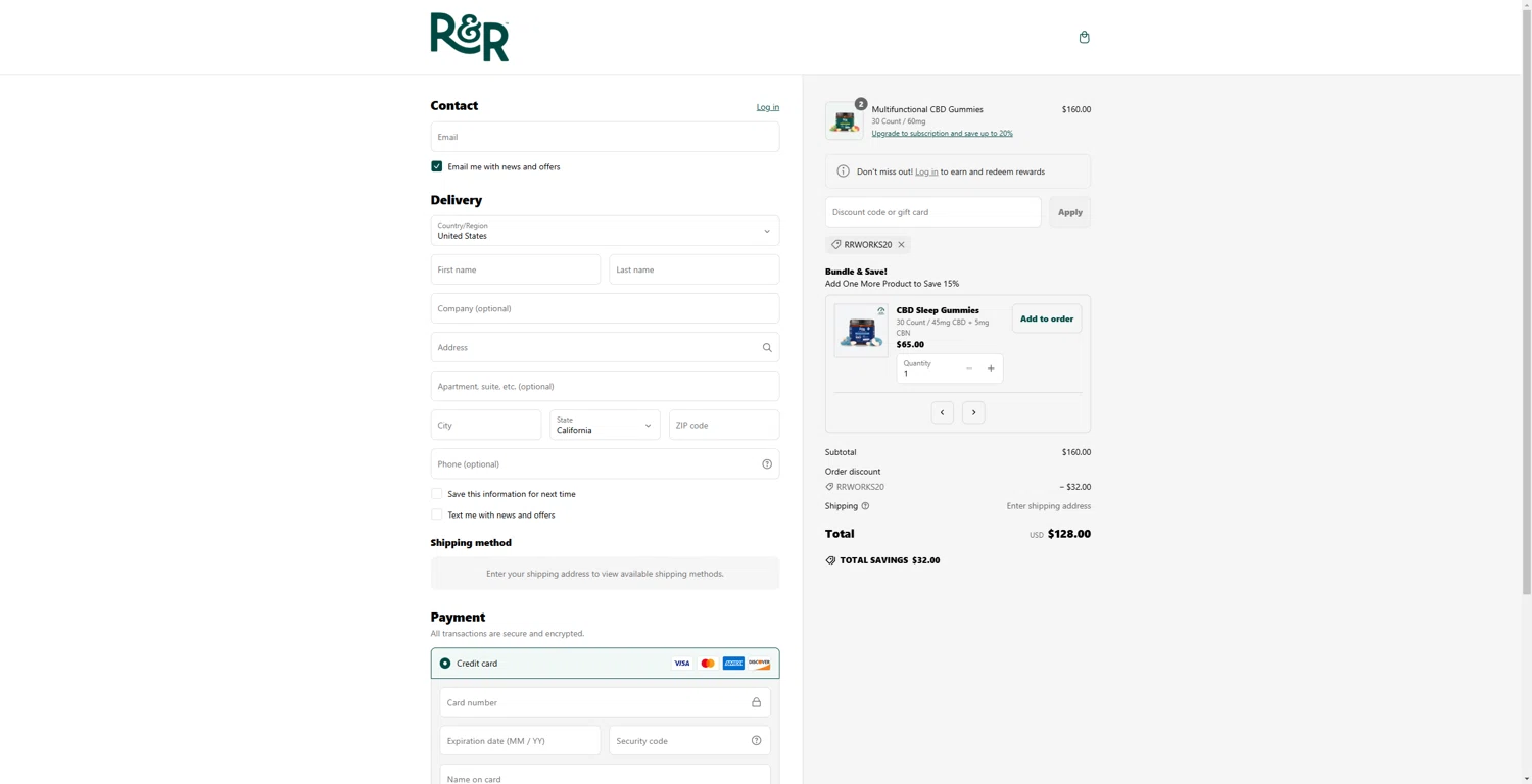 R+R Medicinals coupon code screenshot showing code RRWORKS20 applied at R+R Medicinals checkout page. Uploaded by SimplyCodes community member Lorencia on Mar 10, 2025
