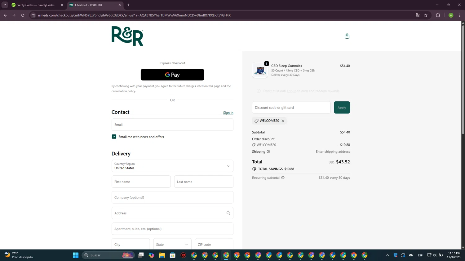 R+R Medicinals coupon code screenshot showing code WELCOME20 applied at R+R Medicinals checkout page. Uploaded by SimplyCodes community member DiscountSpotter1028 on Nov 10, 2025