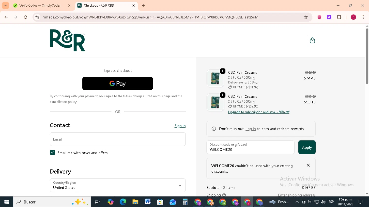 R+R Medicinals coupon code screenshot showing code WELCOME20 applied at R+R Medicinals checkout page. Uploaded by SimplyCodes community member FrugalMonarch7277 on Nov 30, 2025
