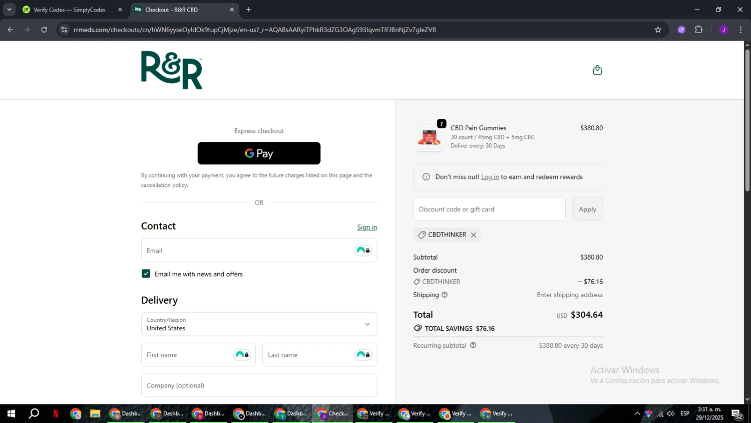 R+R Medicinals coupon code screenshot showing code cbdthinker applied at R+R Medicinals checkout page. Uploaded by SimplyCodes community member ComeBurra123 on Dec 29, 2025