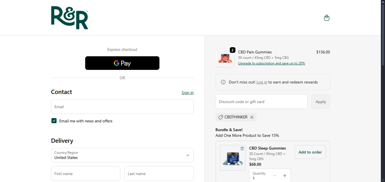 R+R Medicinals coupon code screenshot showing code cbdthinker applied at R+R Medicinals checkout page. Uploaded by SimplyCodes community member petervarela on Nov 4, 2025