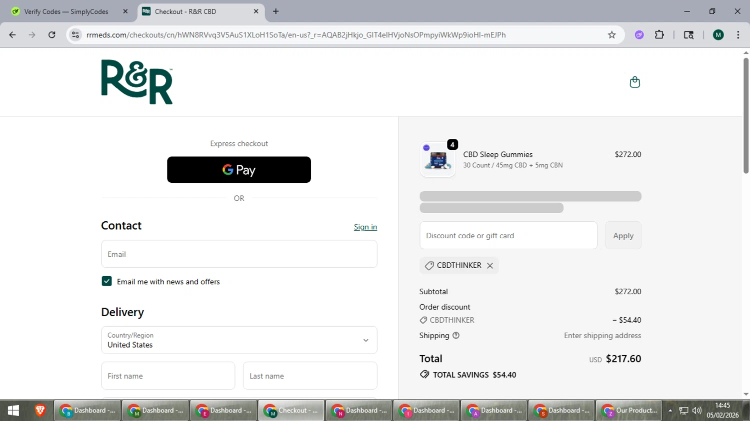 R+R Medicinals coupon code screenshot showing code cbdthinker applied at R+R Medicinals checkout page. Uploaded by SimplyCodes community member suieeloves on Feb 5, 2026
