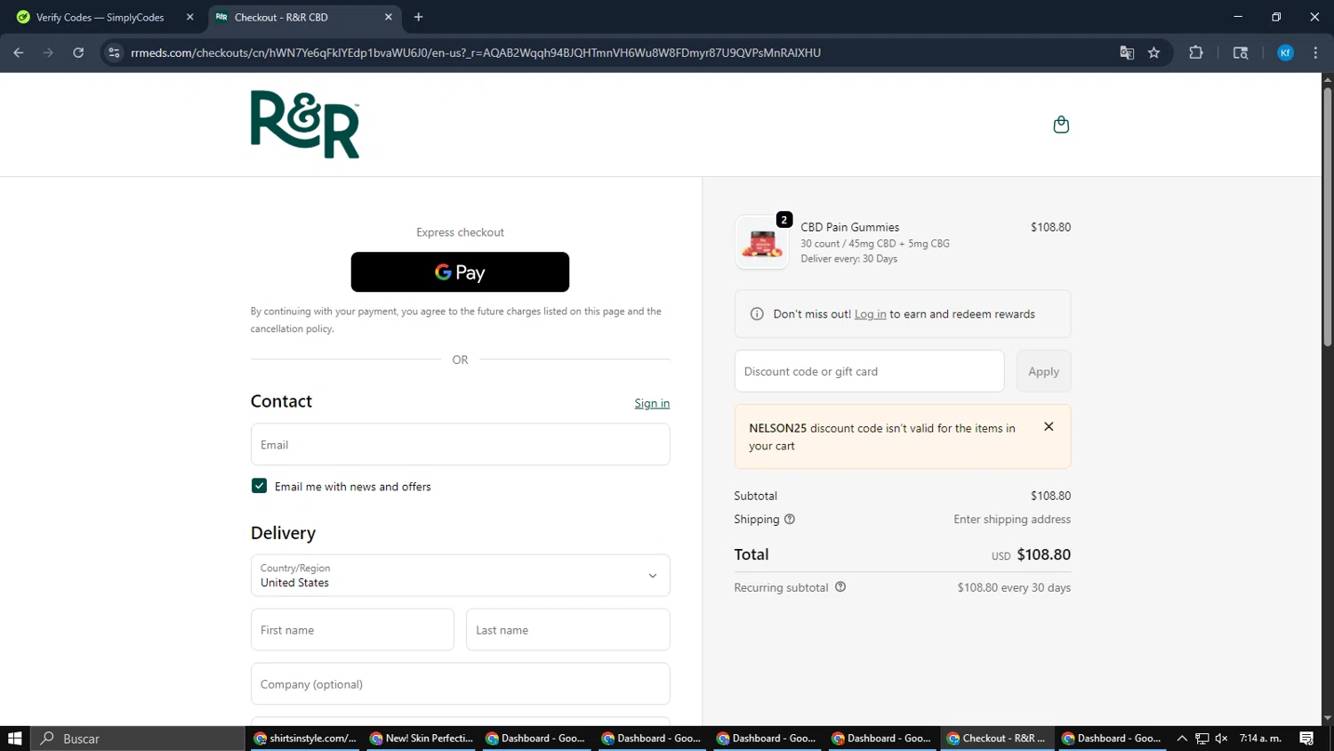 R+R Medicinals coupon code screenshot showing code NELSON25 applied at R+R Medicinals checkout page. Uploaded by SimplyCodes community member Cynoxx on Jan 13, 2026