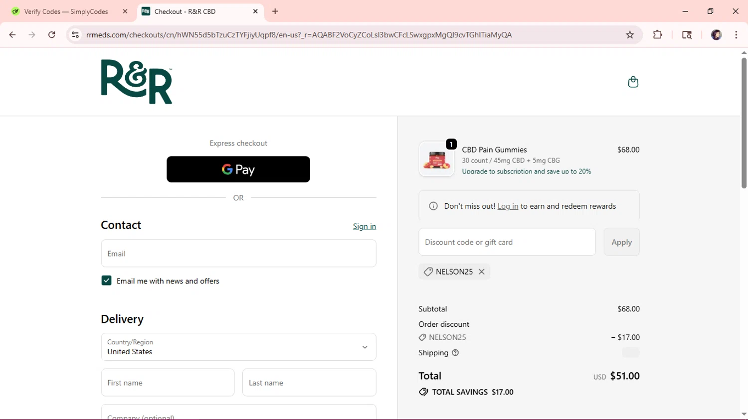 R+R Medicinals coupon code screenshot showing code NELSON25 applied at R+R Medicinals checkout page. Uploaded by SimplyCodes community member aSASAS on Nov 9, 2025