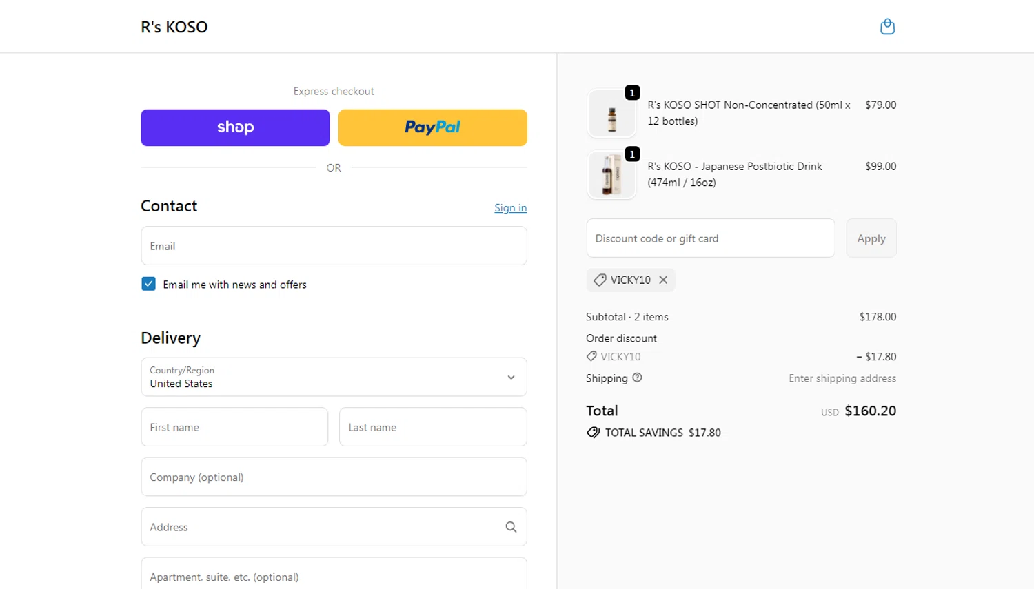 R's KOSO promo code screenshot showing code VICKY10 applied at R's KOSO checkout page. Uploaded by SimplyCodes community member oliveririarte on Nov 14, 2025