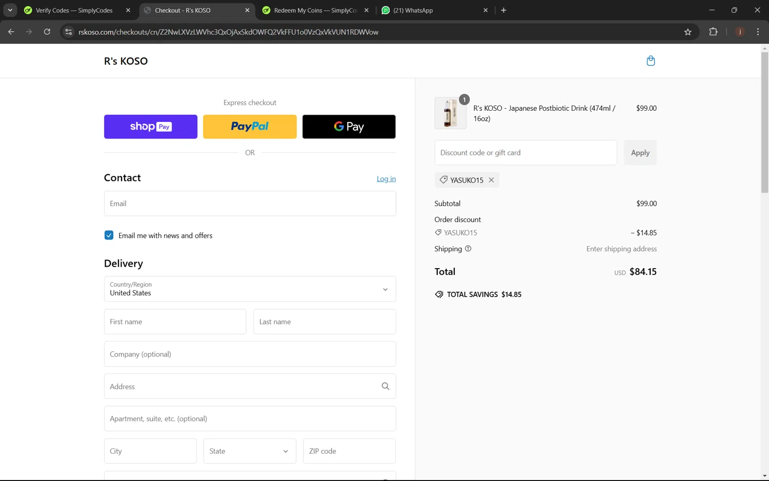 R's KOSO promo code screenshot showing code YASUKO15 applied at R's KOSO checkout page. Uploaded by SimplyCodes community member juanx1702 on Jan 3, 2025