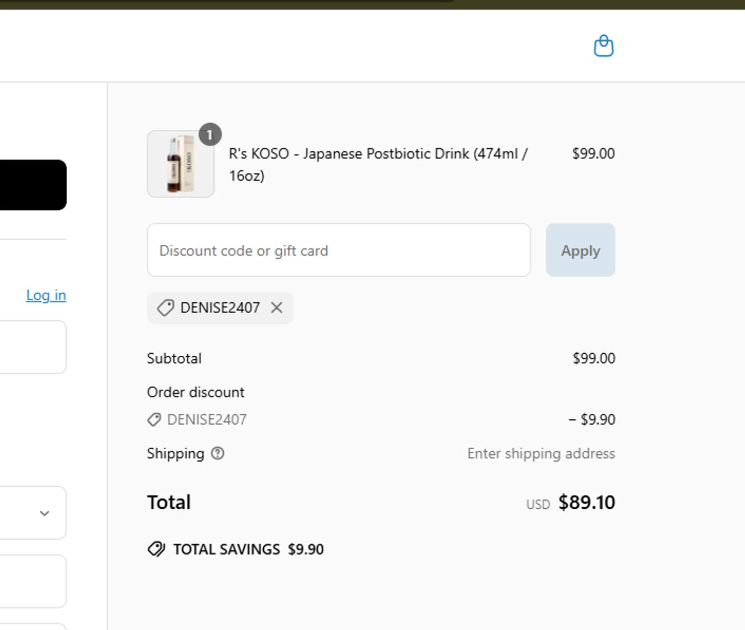 R's KOSO promo code screenshot showing code DENISE2407 applied at R's KOSO checkout page. Uploaded by SimplyCodes community member SilverMonarch6357 on May 2, 2025