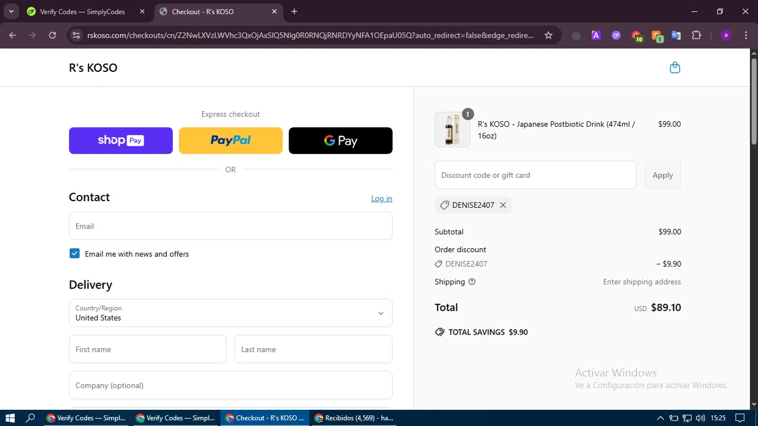 R's KOSO promo code screenshot showing code DENISE2407 applied at R's KOSO checkout page. Uploaded by SimplyCodes community member thethru on May 2, 2025