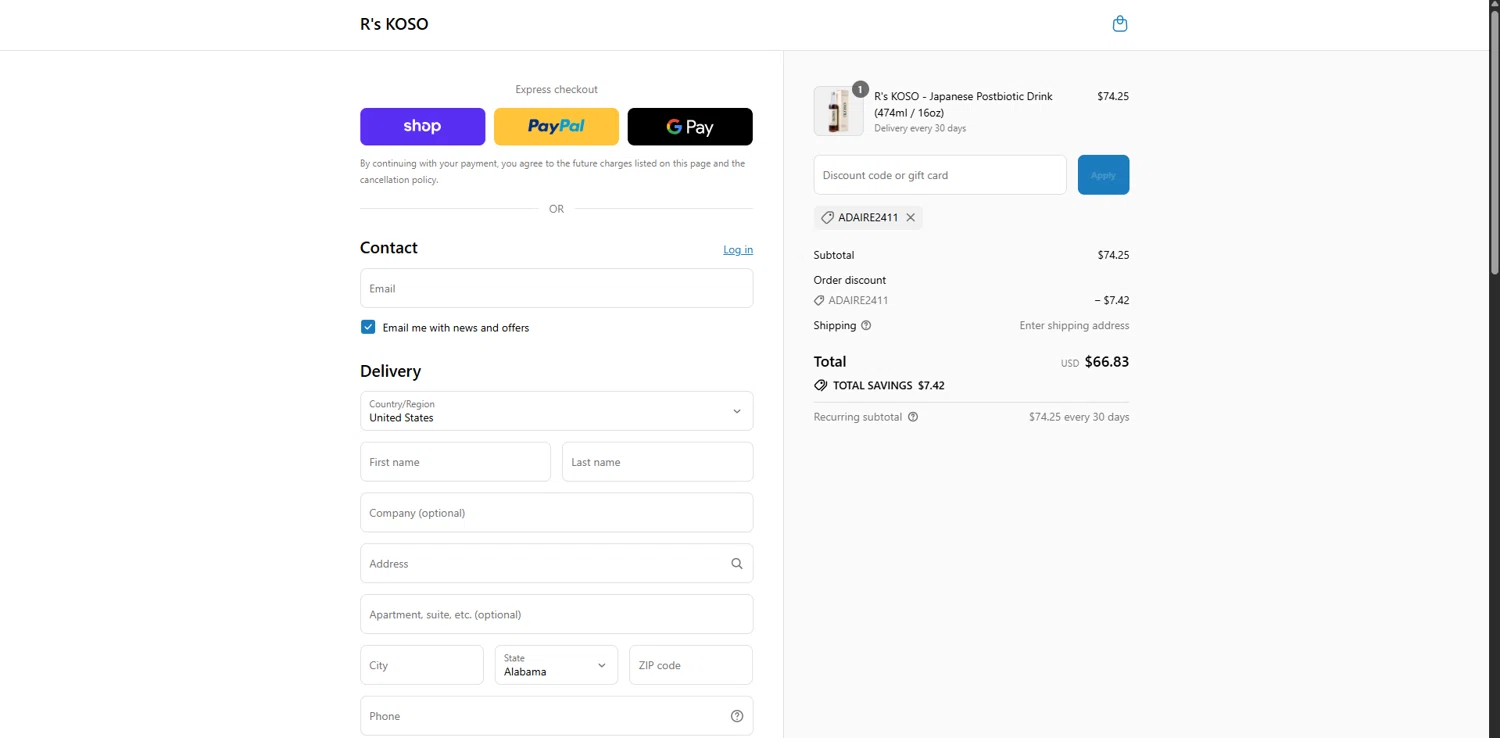 R's KOSO promo code screenshot showing code ADAIRE2411 applied at R's KOSO checkout page. Uploaded by SimplyCodes community member MagnificentBoss8201 on Aug 30, 2025