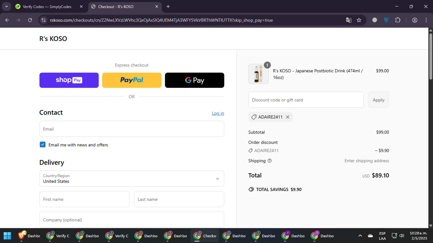 R's KOSO promo code screenshot showing code ADAIRE2411 applied at R's KOSO checkout page. Uploaded by SimplyCodes community member PrimeGuardian7348 on May 2, 2025