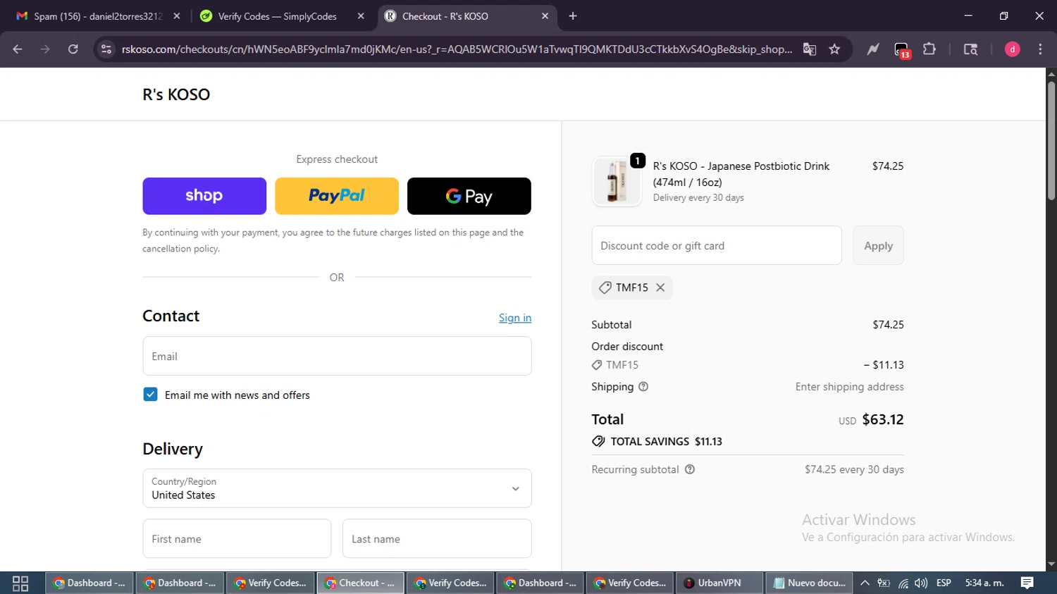R's KOSO promo code screenshot showing code TMF15 applied at R's KOSO checkout page. Uploaded by SimplyCodes community member MagnificentSpotter4236 on Nov 24, 2025