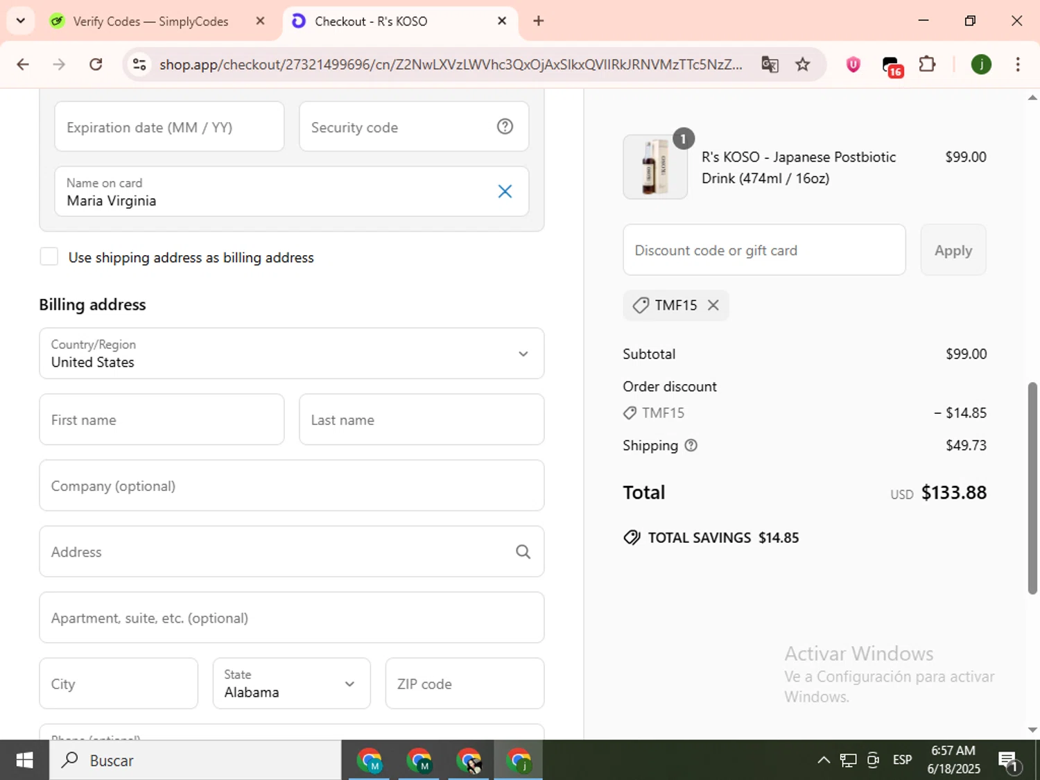 R's KOSO promo code screenshot showing code TMF15 applied at R's KOSO checkout page. Uploaded by SimplyCodes community member SavingsCollector2592 on Jun 18, 2025