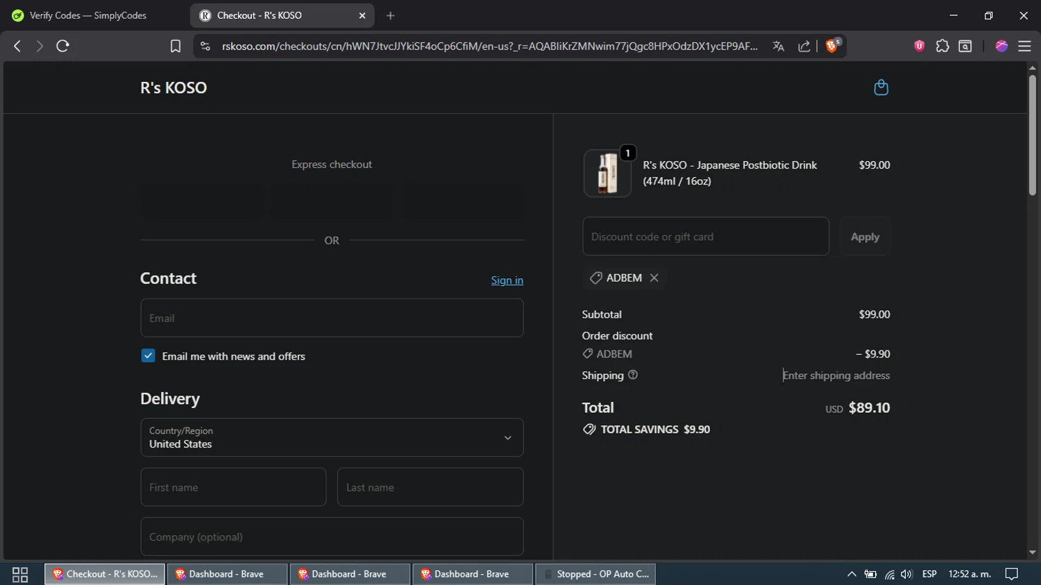 R's KOSO checkout page showing R's KOSO promo code box | Screenshot taken by SimplyCodes community member on Jan 7, 2026