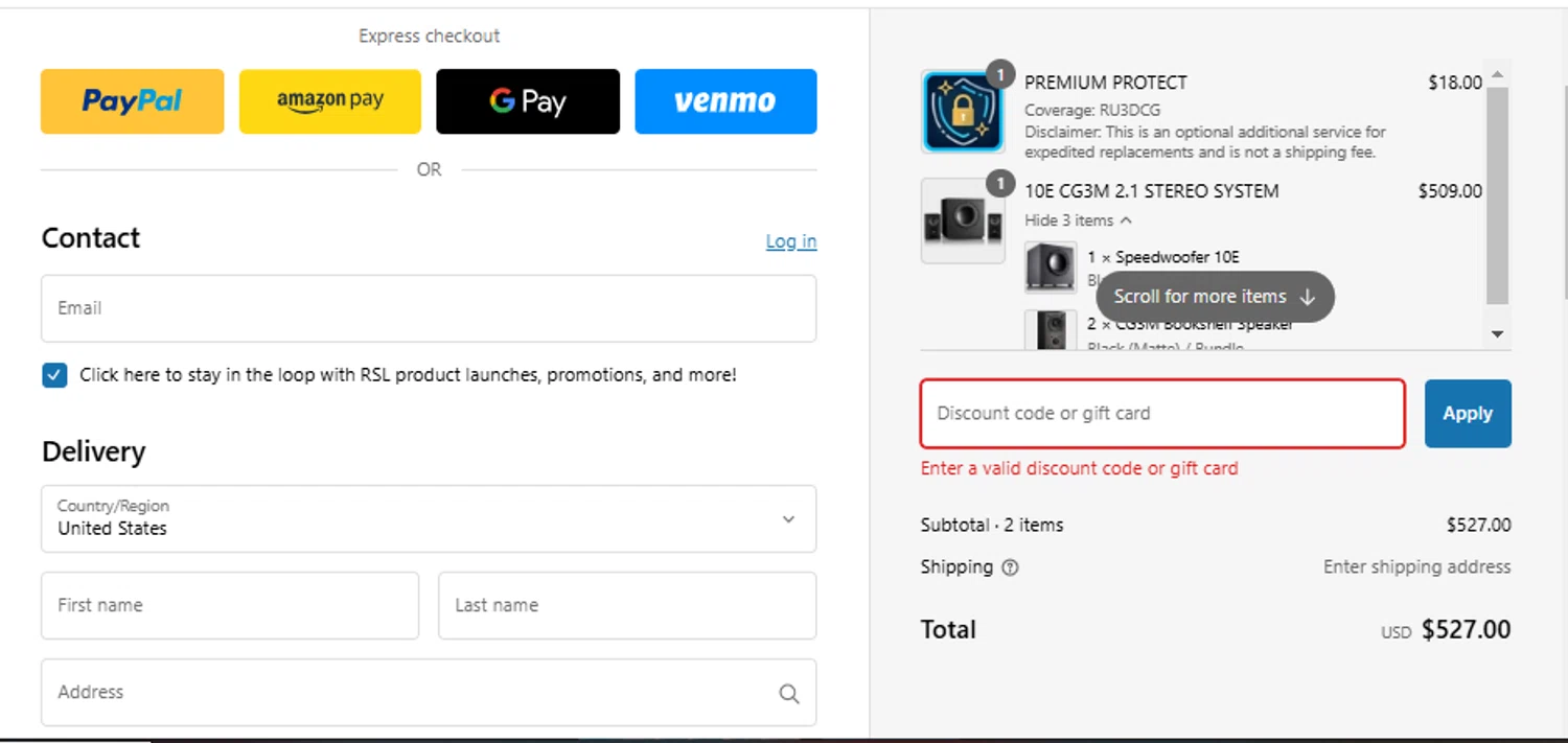 RSL Speakers discount code screenshot showing code ECOUSTICS applied at RSL Speakers checkout page. Uploaded by SimplyCodes community member Franyer12 on Feb 25, 2025