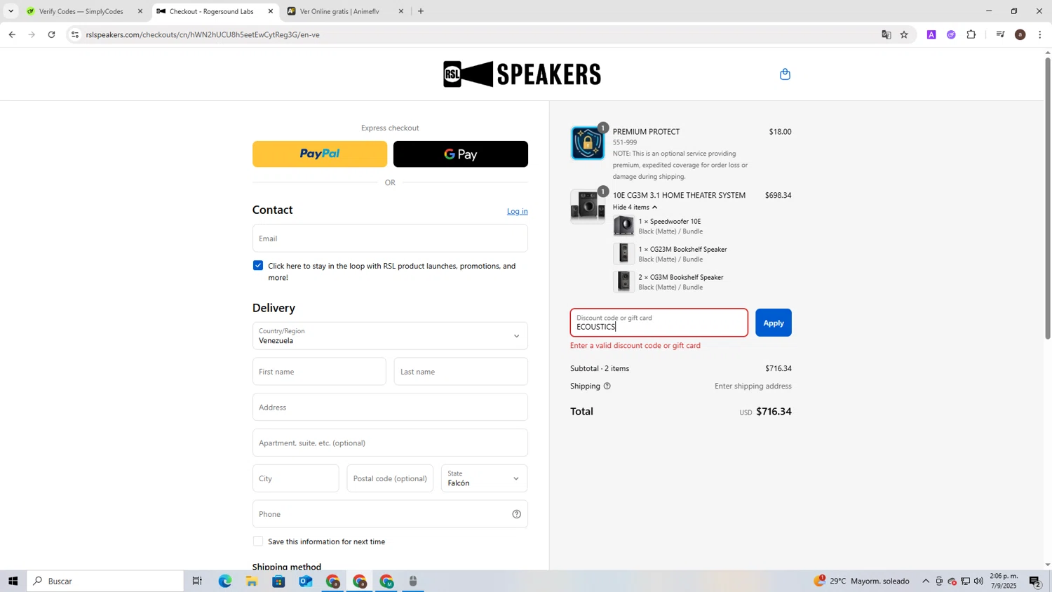 RSL Speakers discount code screenshot showing code ECOUSTICS applied at RSL Speakers checkout page. Uploaded by SimplyCodes community member ShieldAdmiral2781 on Sep 7, 2025
