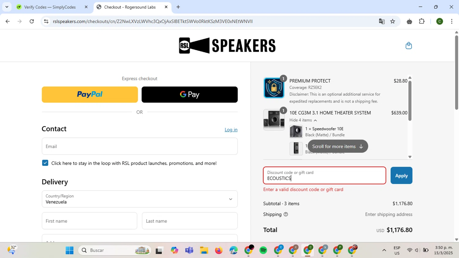RSL Speakers discount code screenshot showing code ECOUSTICS applied at RSL Speakers checkout page. Uploaded by SimplyCodes community member VoucherBoss6971 on Mar 15, 2025