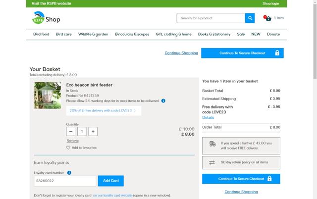 RSPB checkout page showing RSPB promo code box | Screenshot taken by SimplyCodes community member on Feb 8, 2023
