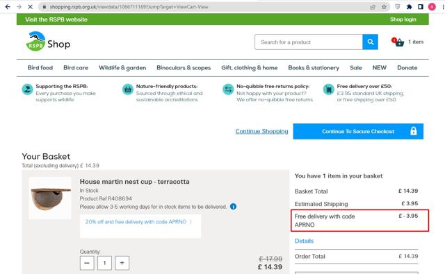 RSPB checkout page showing RSPB promo code box | Screenshot taken by SimplyCodes community member on Apr 27, 2023