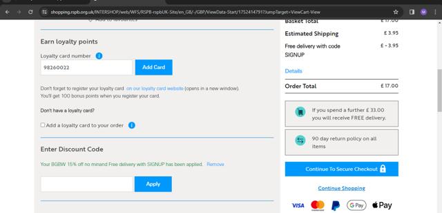 RSPB checkout page showing RSPB promo code box | Screenshot taken by SimplyCodes community member on Jan 24, 2024