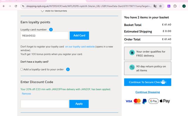 RSPB checkout page showing RSPB promo code box | Screenshot taken by SimplyCodes community member on Jan 10, 2025
