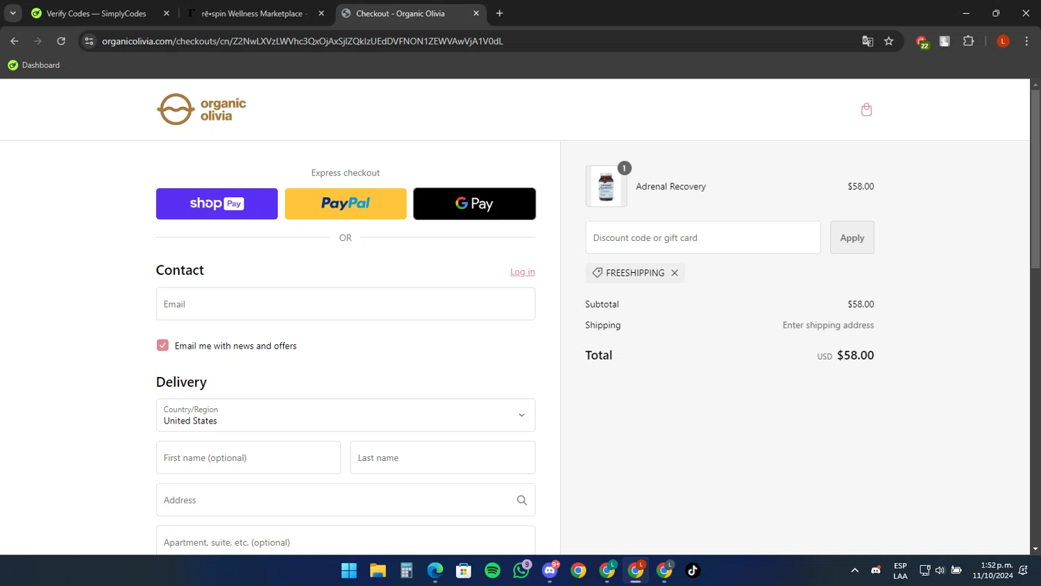 rē•spin by Halle Berry checkout page showing rē•spin by Halle Berry promo code box | Screenshot taken by SimplyCodes community member on Oct 11, 2024