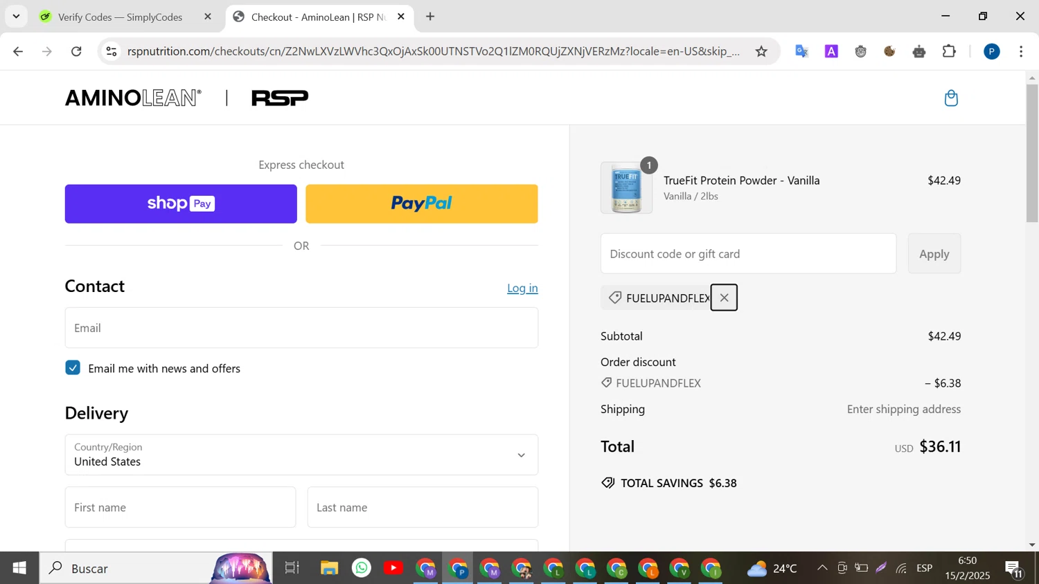 RSP Nutrition promo code screenshot showing code FUELUPANDFLEX applied at RSP Nutrition checkout page. Uploaded by SimplyCodes community member BrilliantMaven4588 on Feb 15, 2025
