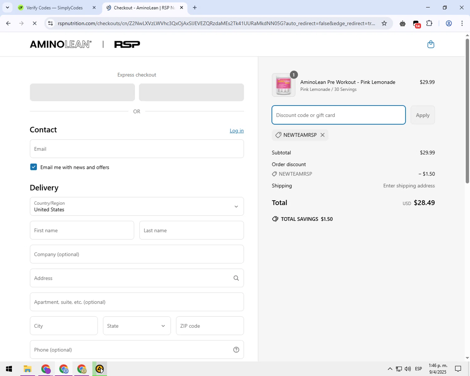 RSP Nutrition promo code screenshot showing code NEWTEAMRSP applied at RSP Nutrition checkout page. Uploaded by SimplyCodes community member balance888 on Apr 9, 2025