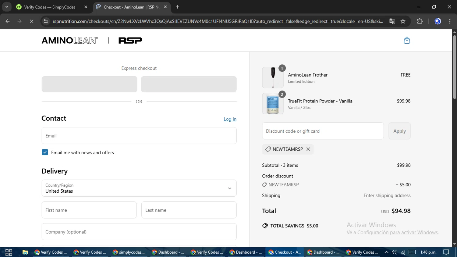 RSP Nutrition promo code screenshot showing code NEWTEAMRSP applied at RSP Nutrition checkout page. Uploaded by SimplyCodes community member WiseHunter8213 on Apr 9, 2025