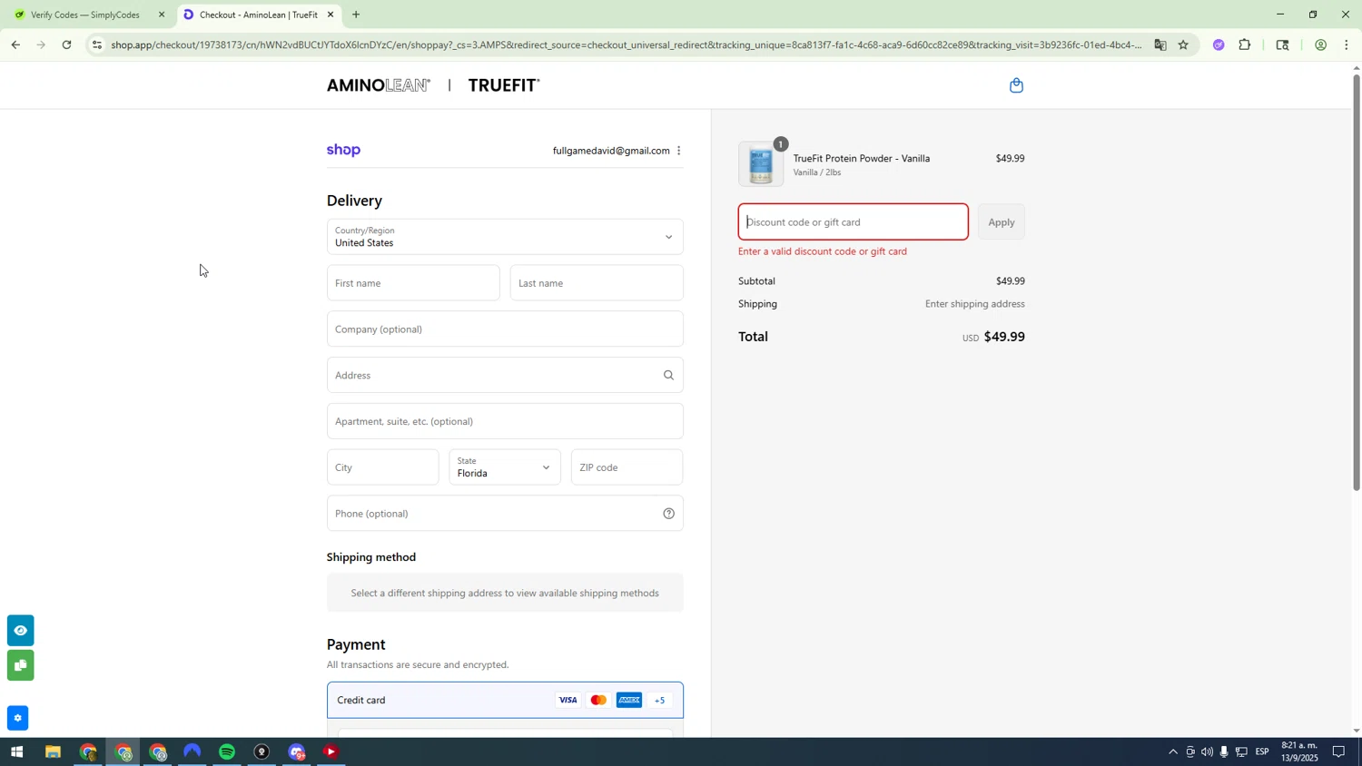 RSP Nutrition promo code screenshot showing code TRUEFIT15 applied at RSP Nutrition checkout page. Uploaded by SimplyCodes community member sfdfgdsfgdfgdfg on Sep 13, 2025