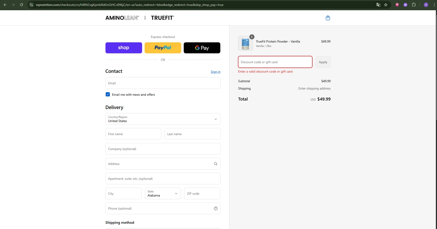 RSP Nutrition promo code screenshot showing code TRUEFIT15 applied at RSP Nutrition checkout page. Uploaded by SimplyCodes community member Ron322 on Sep 13, 2025