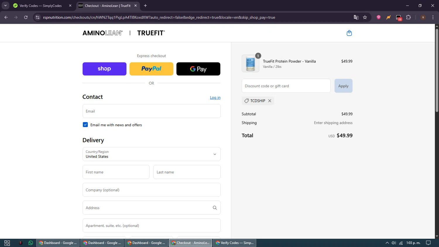RSP Nutrition promo code screenshot showing code TCDSHIP applied at RSP Nutrition checkout page. Uploaded by SimplyCodes community member GoldSentinel1426 on Sep 1, 2025