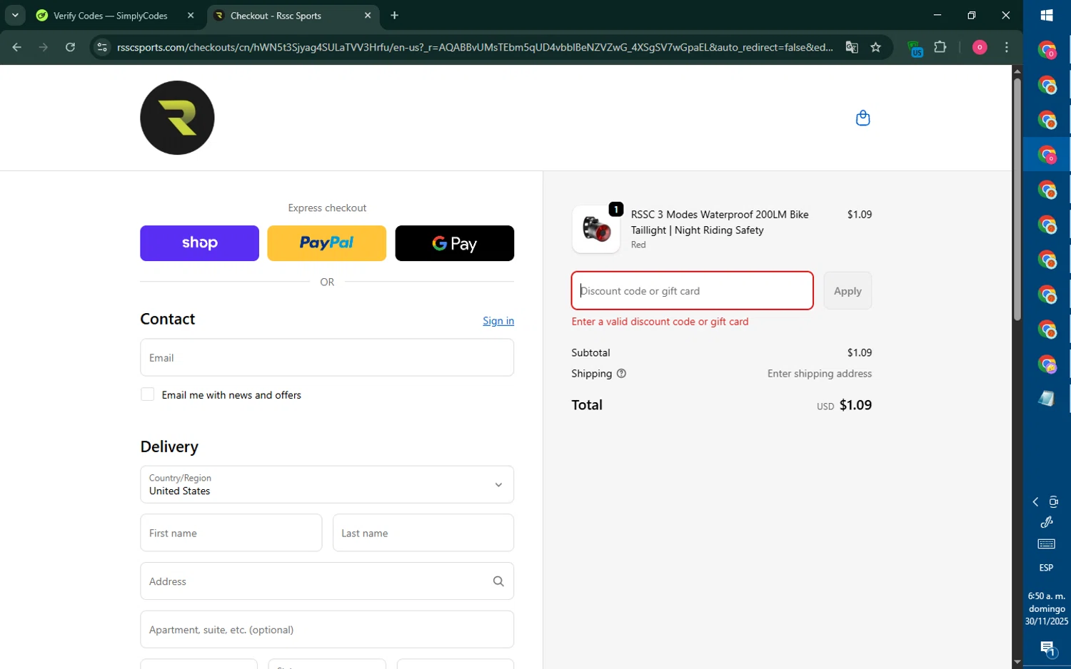RSSC Sports discount code screenshot showing code THANKYOU10 applied at RSSC Sports checkout page. Uploaded by SimplyCodes community member RebateNavigator926 on Nov 30, 2025