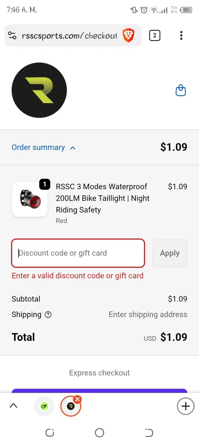 RSSC Sports discount code screenshot showing code THANKYOU10 applied at RSSC Sports checkout page. Uploaded by SimplyCodes community member peterjanse on Nov 30, 2025