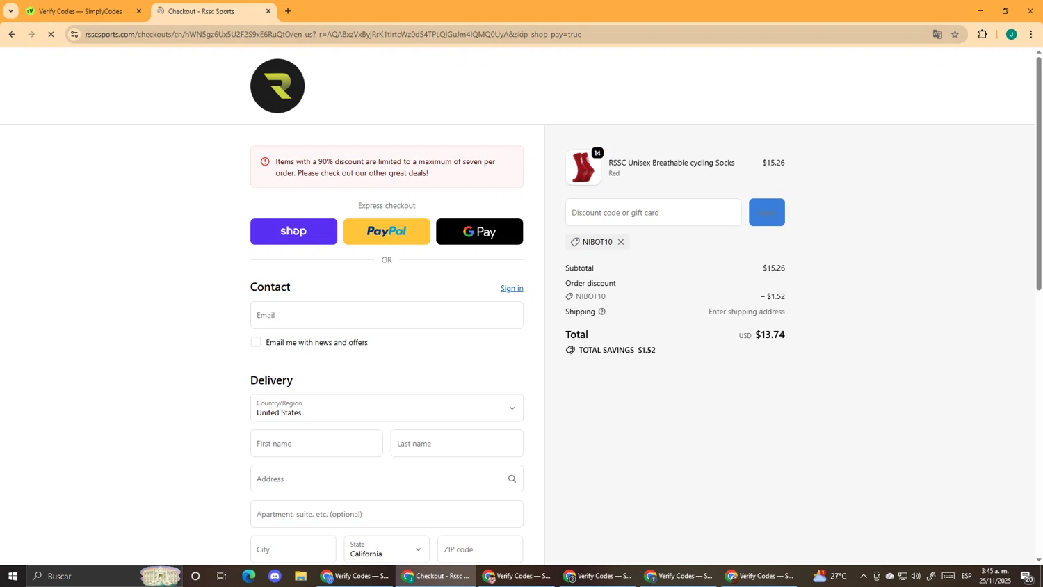 RSSC Sports discount code screenshot showing code NIBOT10 applied at RSSC Sports checkout page. Uploaded by SimplyCodes community member DealScout5970 on Nov 25, 2025