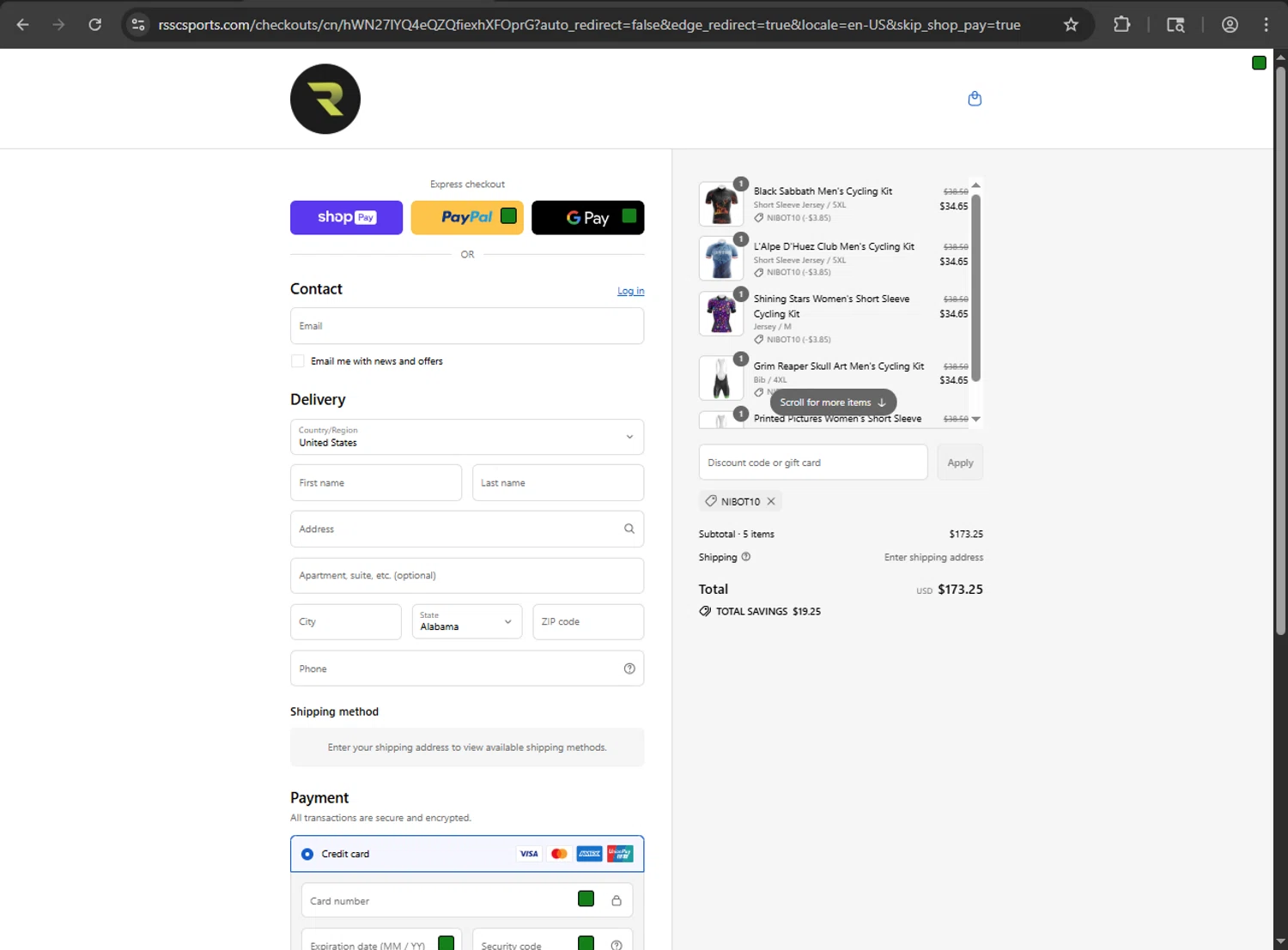 RSSC Sports discount code screenshot showing code NIBOT10 applied at RSSC Sports checkout page. Uploaded by SimplyCodes community member MRDEAL on Aug 23, 2025