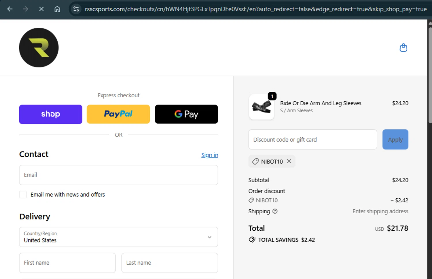 RSSC Sports discount code screenshot showing code NIBOT10 applied at RSSC Sports checkout page. Uploaded by SimplyCodes community member xAngel on Oct 19, 2025