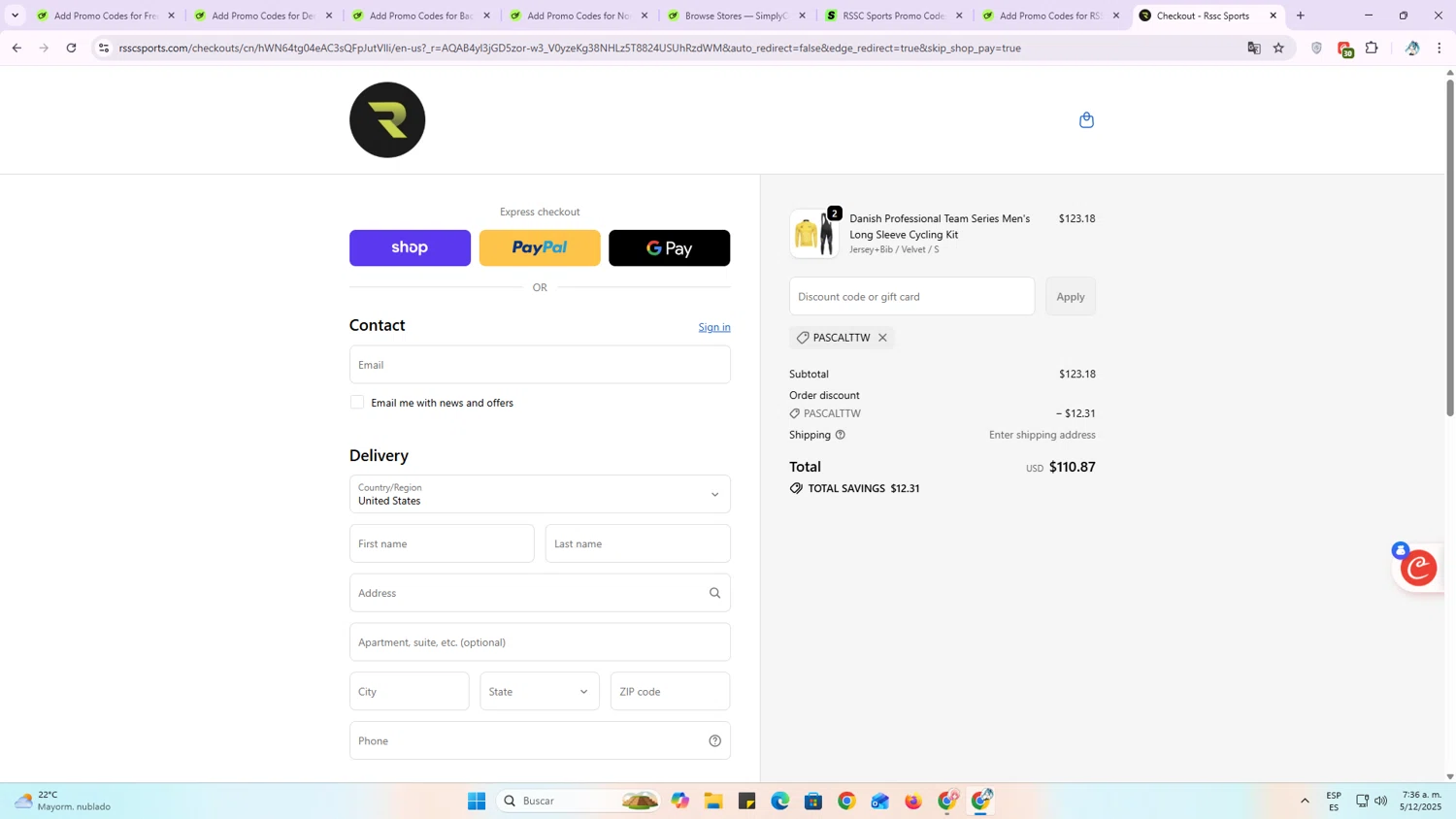 RSSC Sports discount code screenshot showing code PASCALTTW applied at RSSC Sports checkout page. Uploaded by SimplyCodes community member OriCarol on Dec 5, 2025