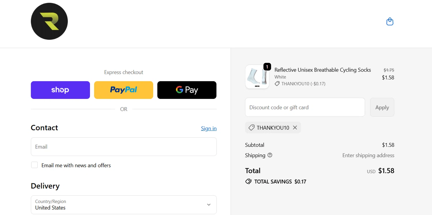 RSSC Sports discount code screenshot showing code THANKYOU10 applied at RSSC Sports checkout page. Uploaded by SimplyCodes community member josegarcia6 on Dec 29, 2025