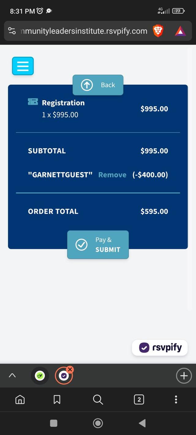 RSVPify checkout page showing RSVPify promo code box | Screenshot taken by SimplyCodes community member on Apr 18, 2025